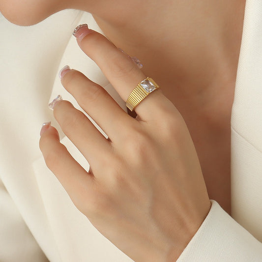 VELROSS STUDIO Vintage Style Zircon Ring in 18K Gold Plated Titanium Steel