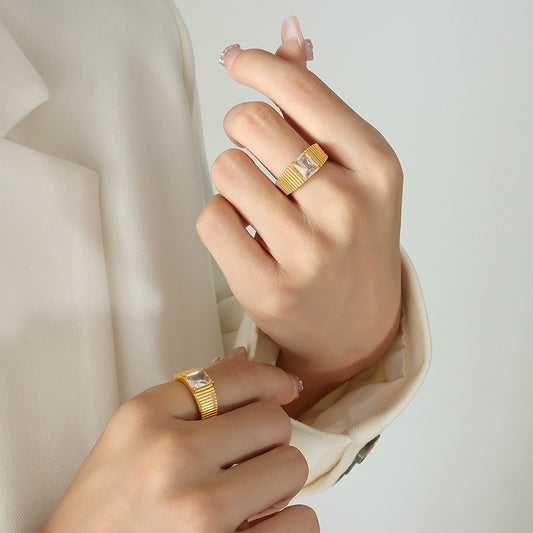 VELROSS STUDIO Vintage Style Zircon Ring in 18K Gold Plated Titanium Steel