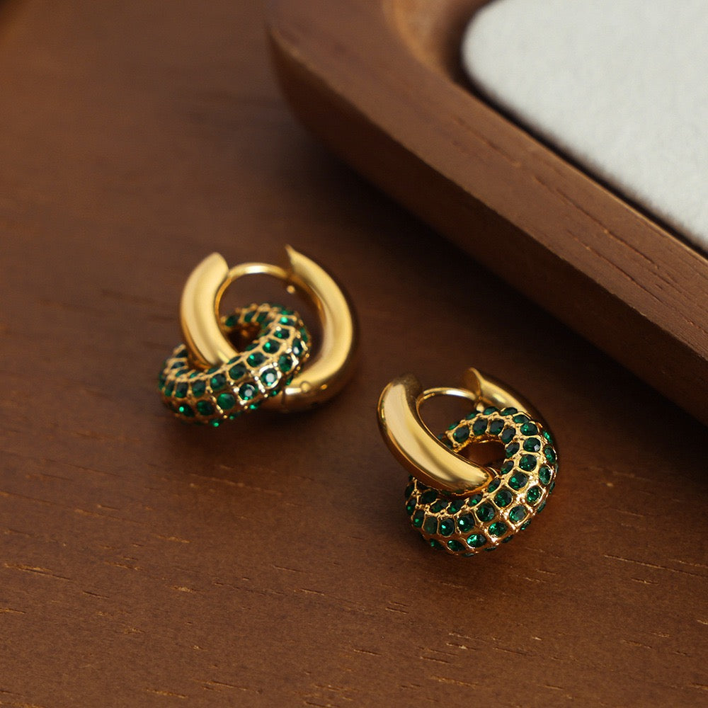 VELROSS STUDIO Velross Gold Chunky Hoops with Green Crystals