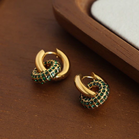 VELROSS STUDIO Velross Gold Chunky Hoops with Green Crystals