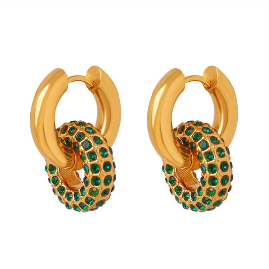VELROSS STUDIO Velross Gold Chunky Hoops with Green Crystals