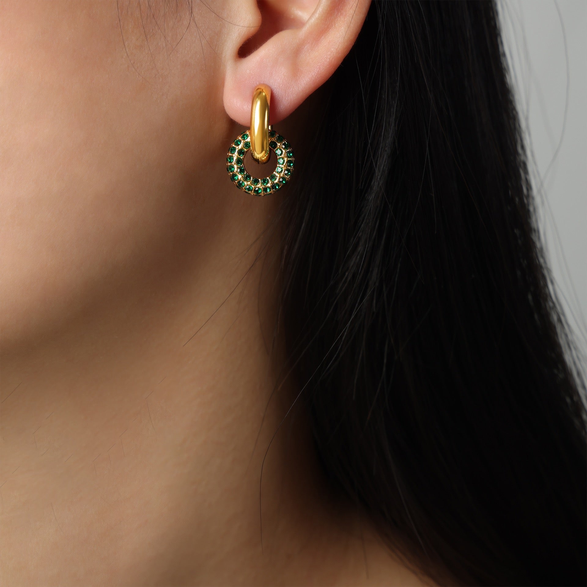 VELROSS STUDIO Velross Gold Chunky Hoops with Green Crystals