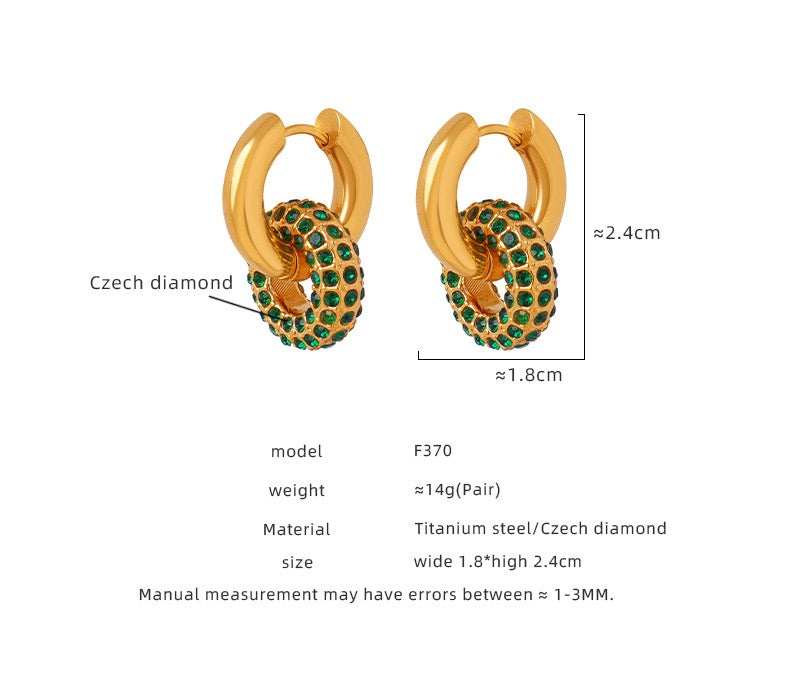 VELROSS STUDIO Velross Gold Chunky Hoops with Green Crystals